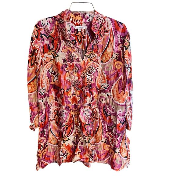 Chicos Tunic Top Womens 16 L (3) 40th Anniversary Beaded Paisley Boho 3/4 Sleeve - Picture 4 of 9